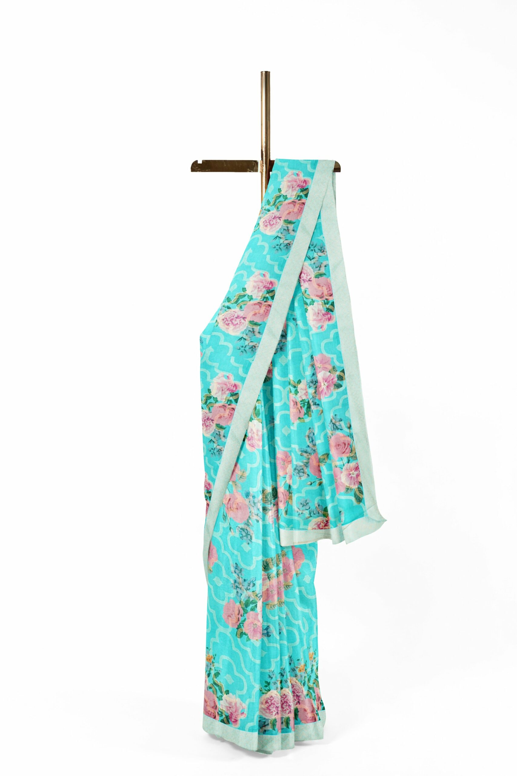 Turquoise blue saree with light white border - Image 2