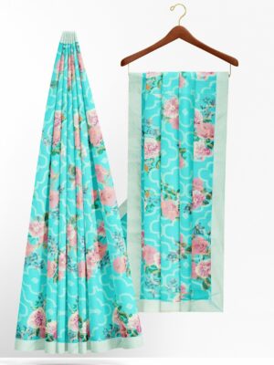Turquoise blue saree with light white border