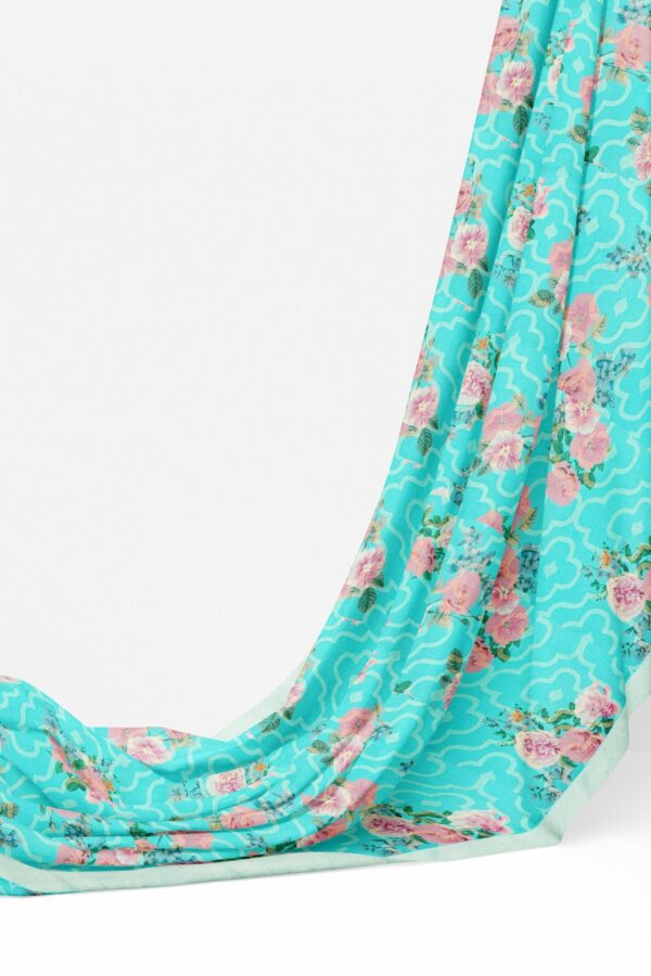 Turquoise blue saree with light white border - Image 3