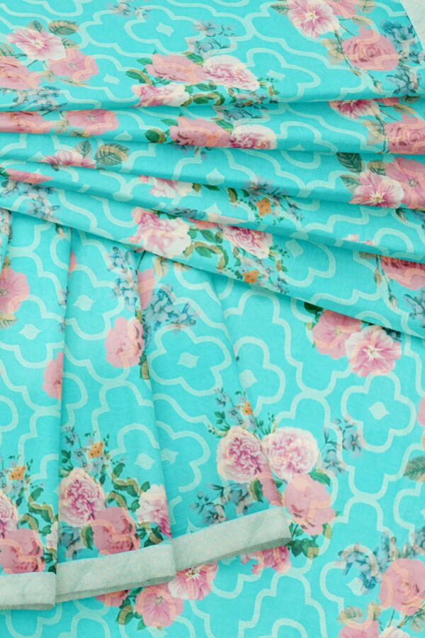 Turquoise blue saree with light white border - Image 5