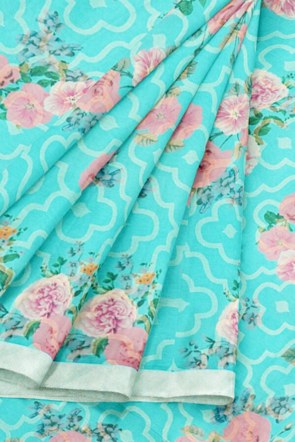 Turquoise blue saree with light white border - Image 6