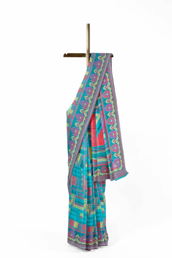 Turquoise blue saree with red border - Image 2