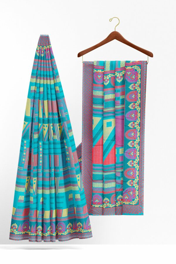 Turquoise blue saree with red border