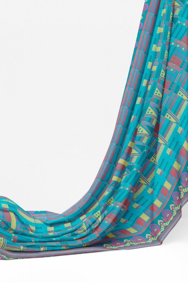 Turquoise blue saree with red border - Image 3