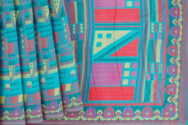 Turquoise blue saree with red border - Image 4