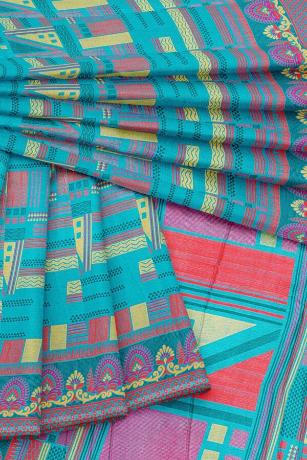 Turquoise blue saree with red border - Image 5