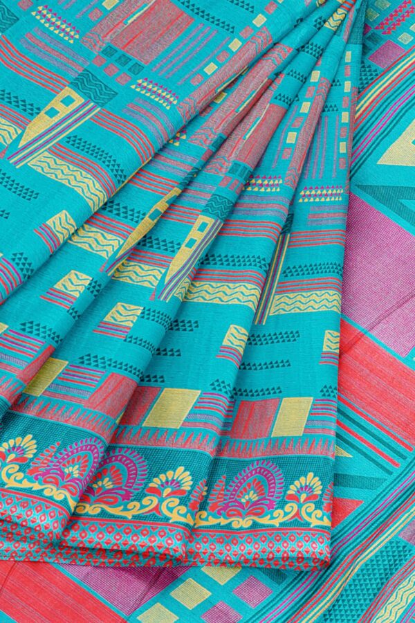 Turquoise blue saree with red border - Image 6