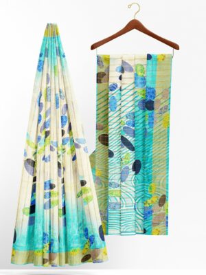 White saree with blue border