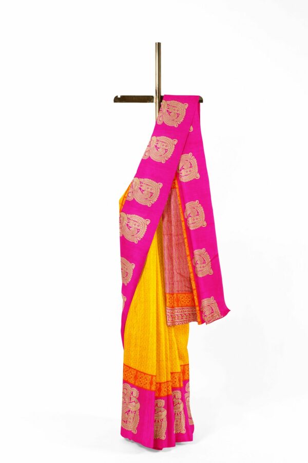 Yellow saree with pink border - Image 2