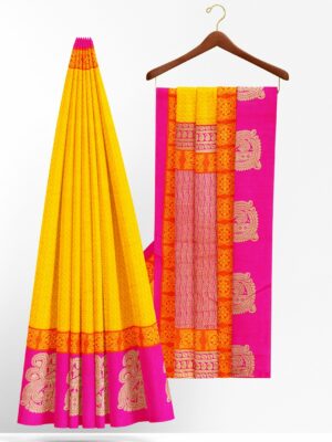 Yellow saree with pink border