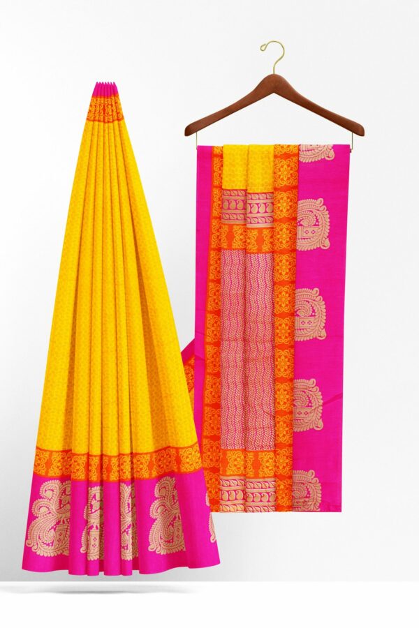 Yellow saree with pink border