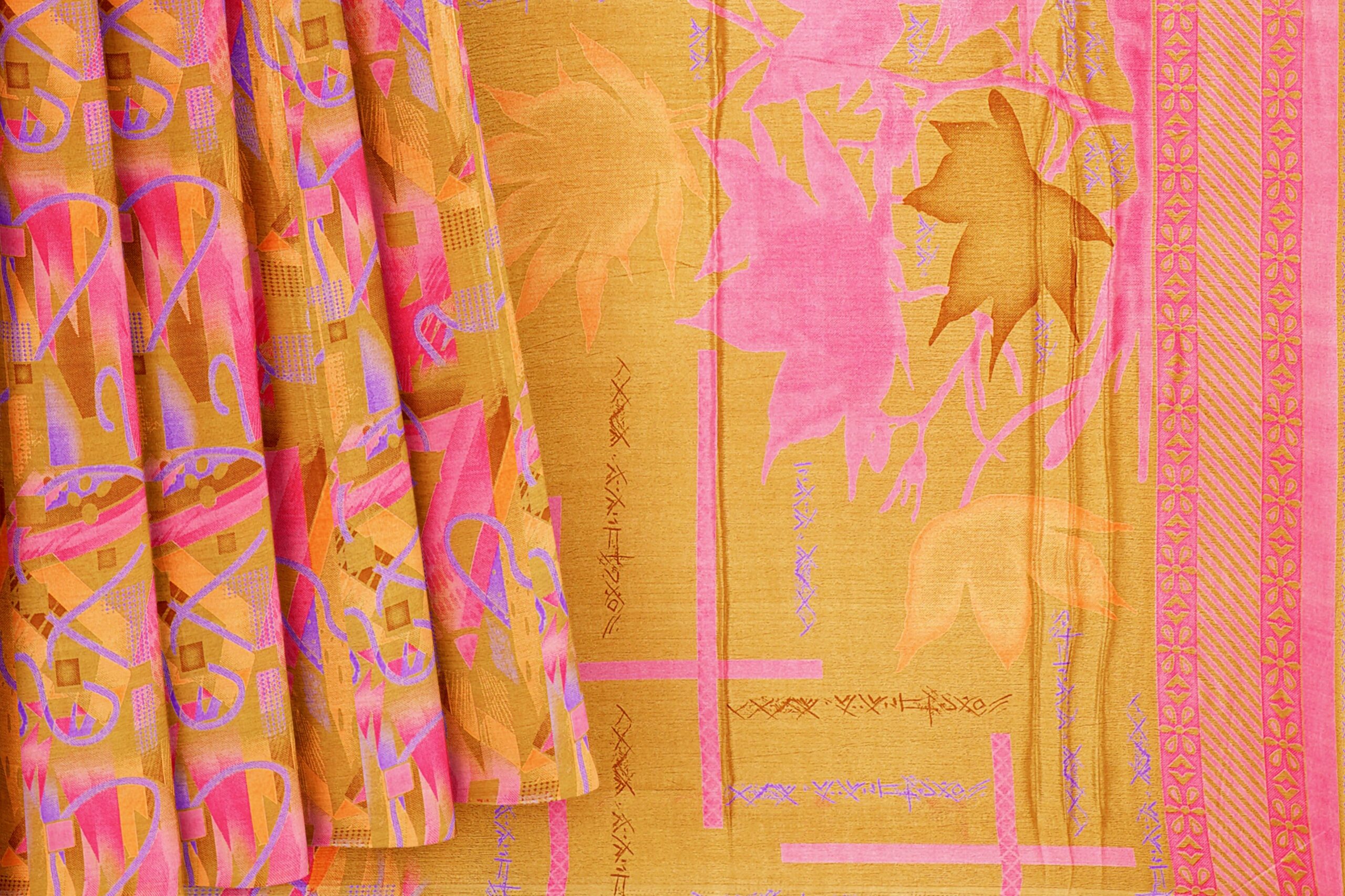 Yellow saree with pink border - Image 4