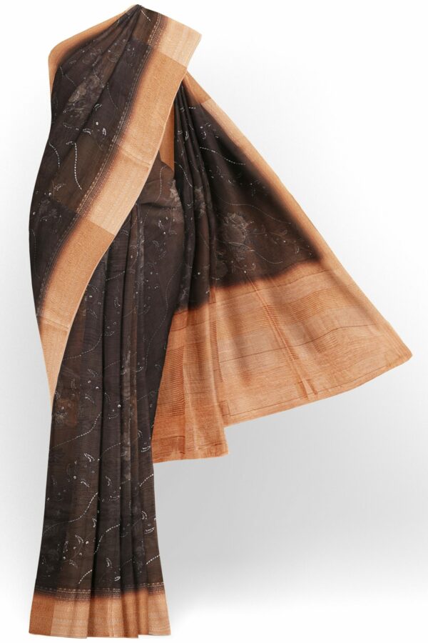 Brown saree with golden orange border
