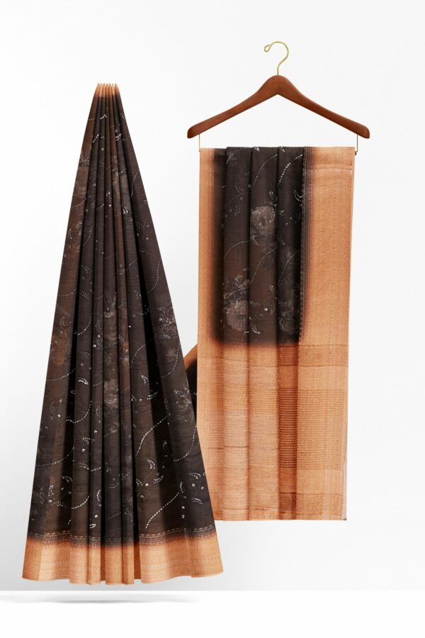 Brown saree with golden orange border - Image 2
