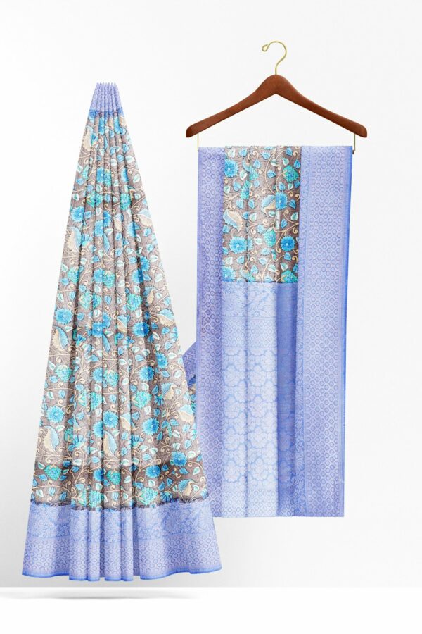 Grey floral saree with purple border - Image 2