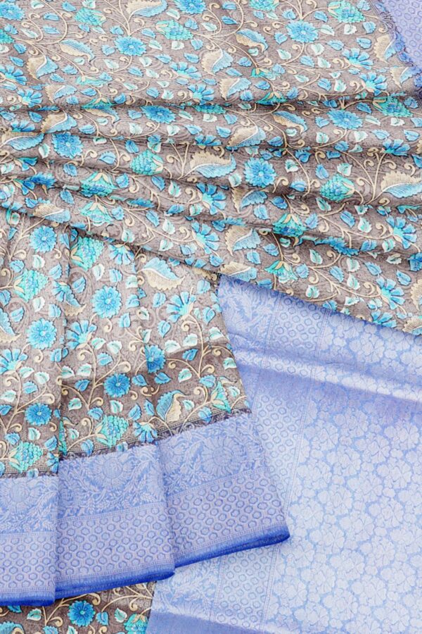 Grey floral saree with purple border - Image 5