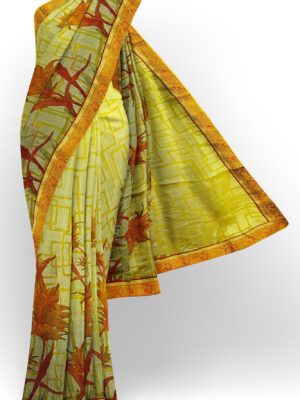sri kumaran stores brasso saree yellowish green saree with red border 1