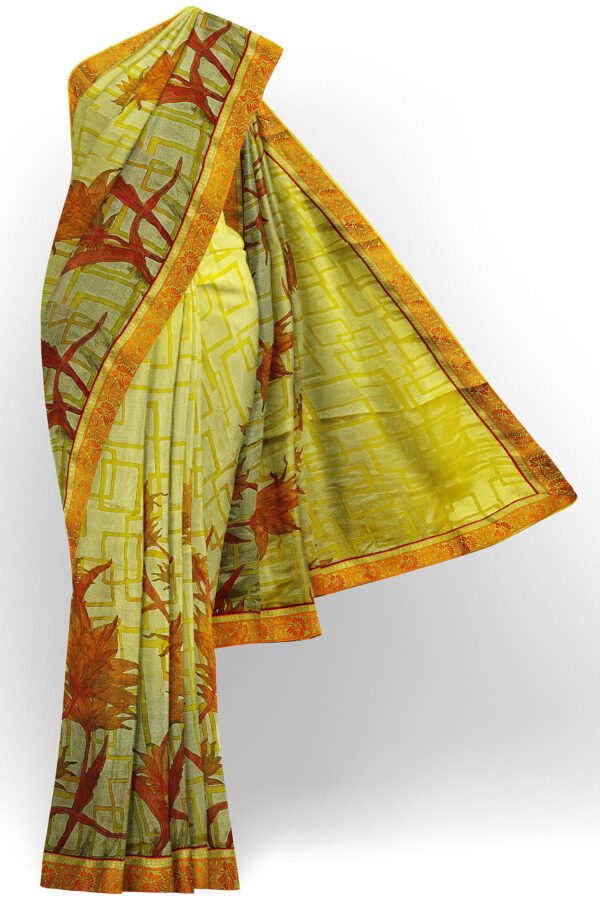 sri kumaran stores brasso saree yellowish green saree with red border 1