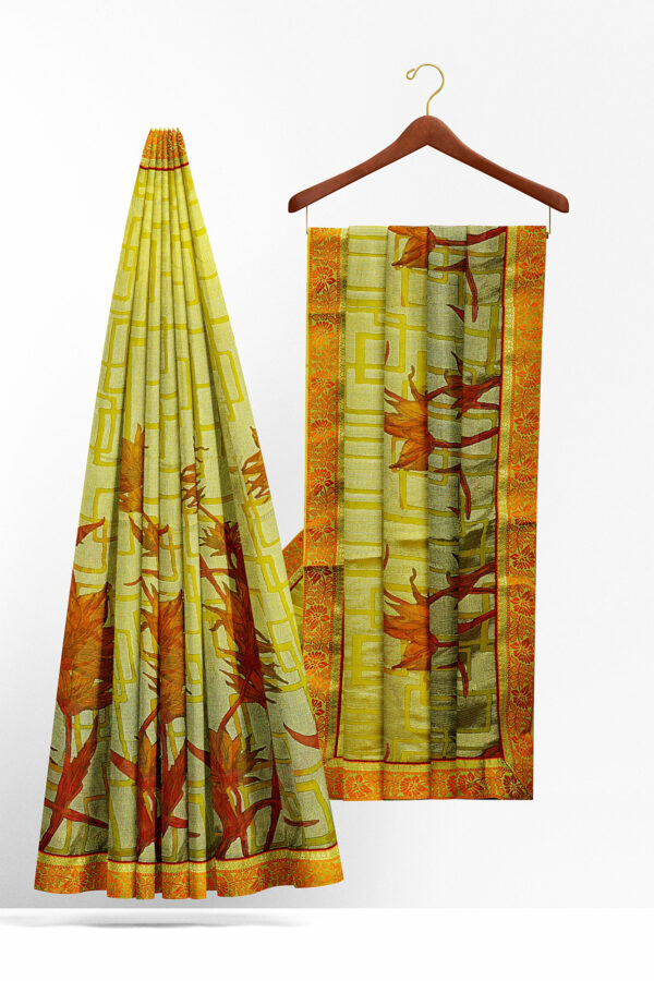 sri kumaran stores brasso saree yellowish green saree with red border 2