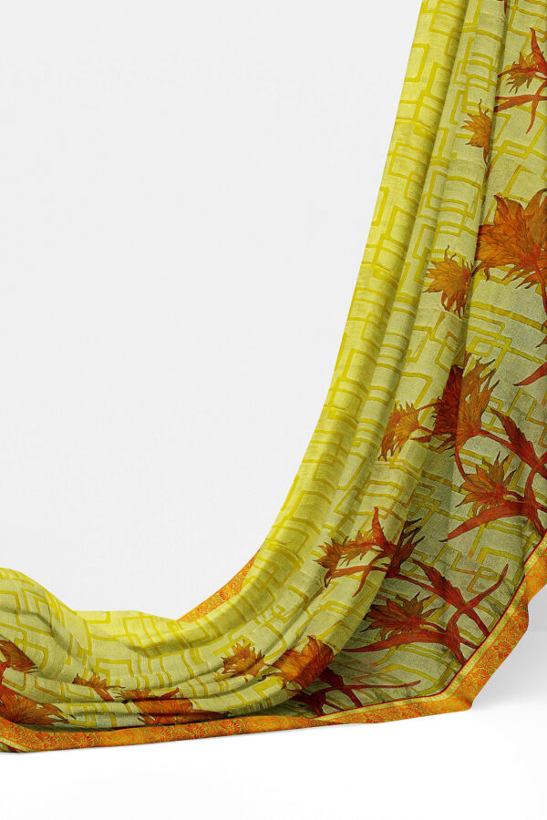 sri kumaran stores brasso saree yellowish green saree with red border 3