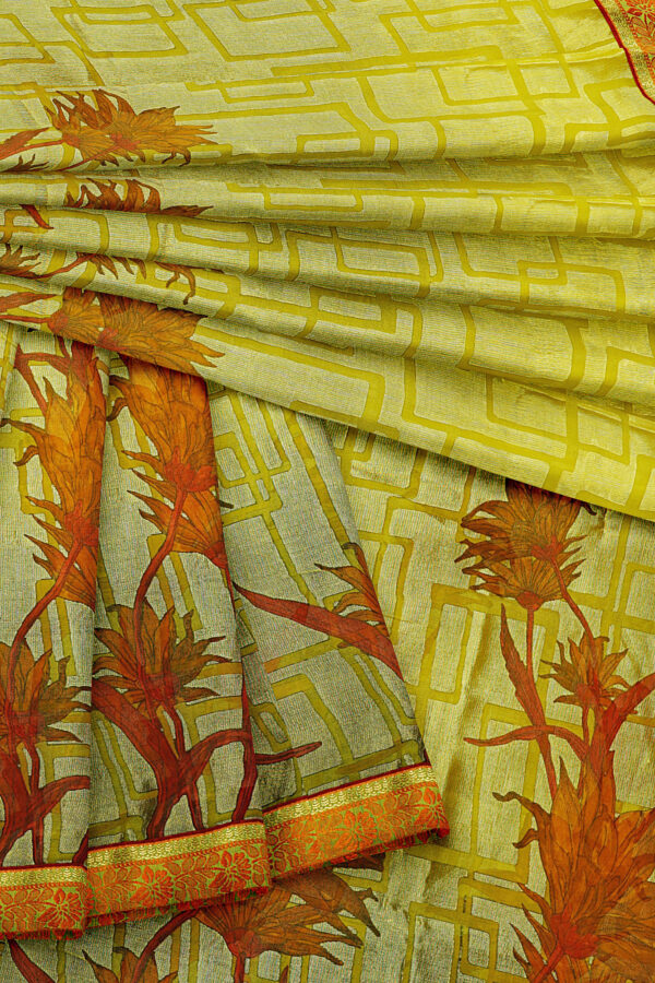 sri kumaran stores brasso saree yellowish green saree with red border 5