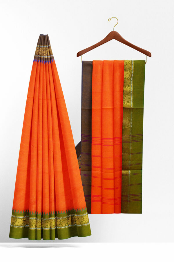 sri kumaran stores chettinad cotton bright orange saree with golden border 2