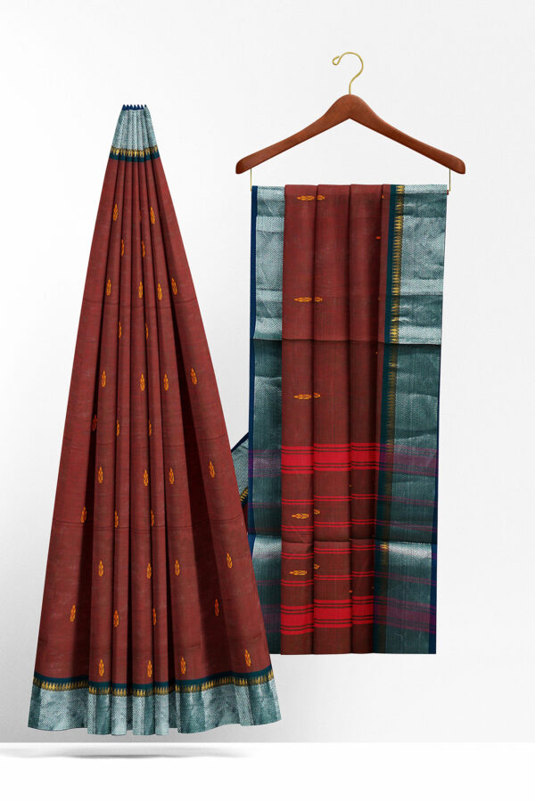 sri kumaran stores chettinad cotton coffee brown saree with silver border 2