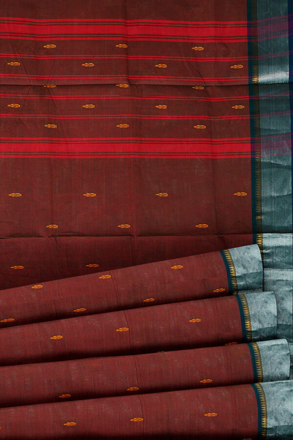 sri kumaran stores chettinad cotton coffee brown saree with silver border 4