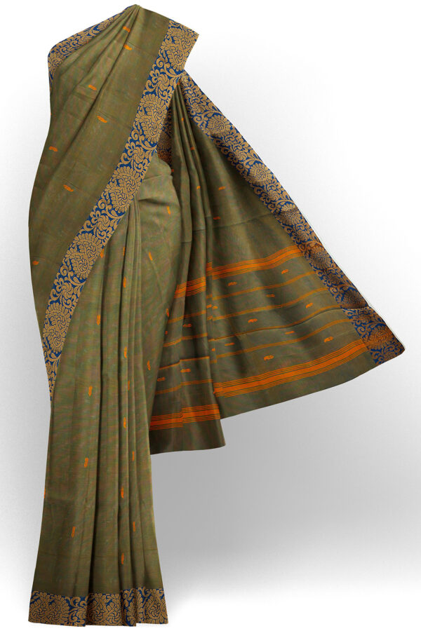 sri kumaran stores chettinad cotton dark green saree with golden blue border 1