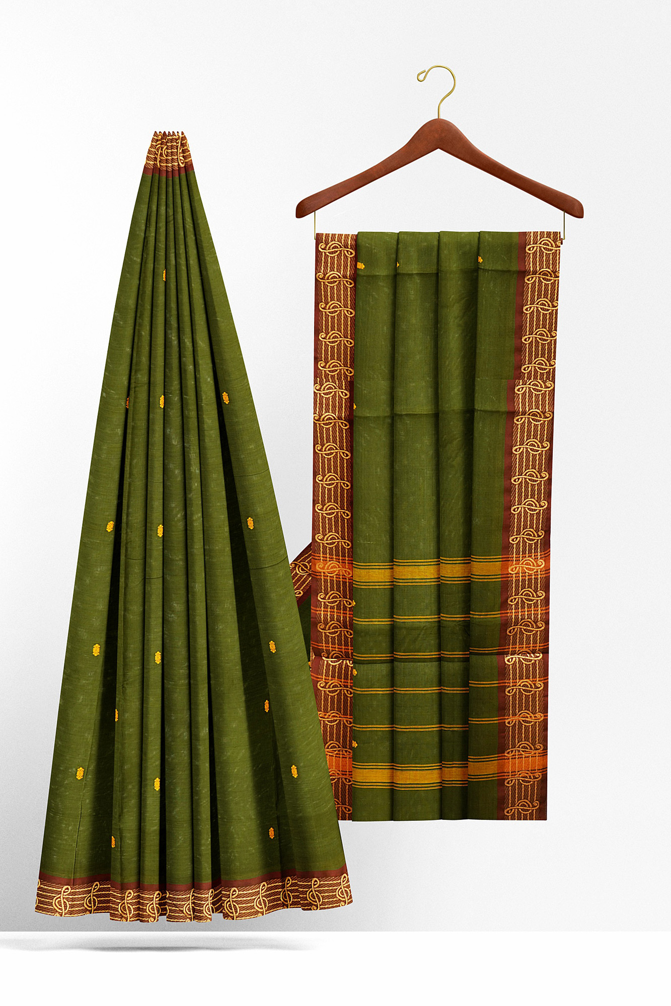 sri kumaran stores chettinad cotton dark green saree with golden brown border 2