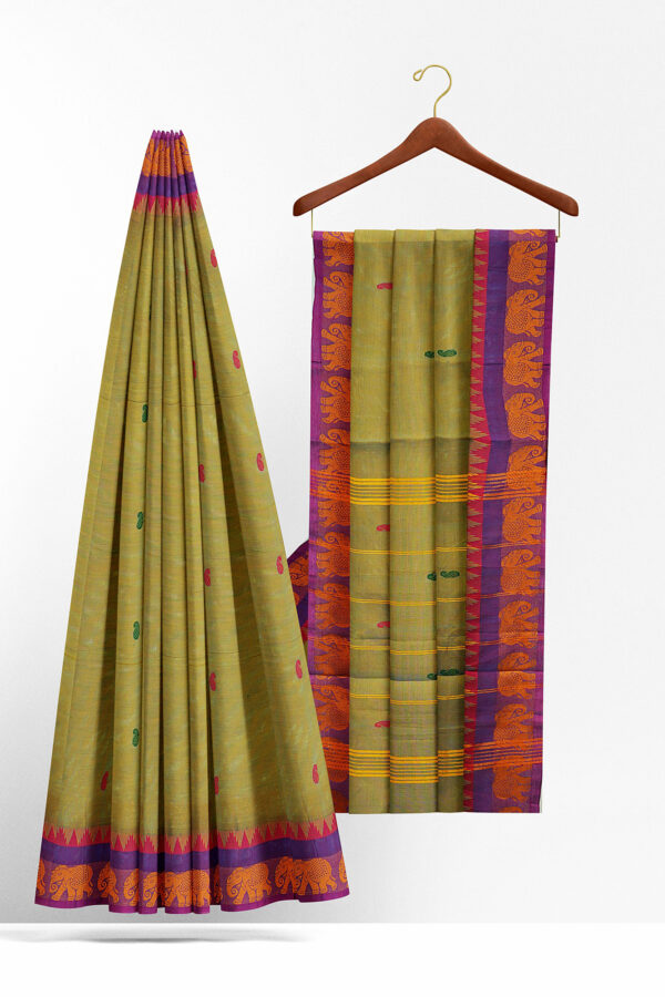 sri kumaran stores chettinad cotton dark yellow saree with purple border 2