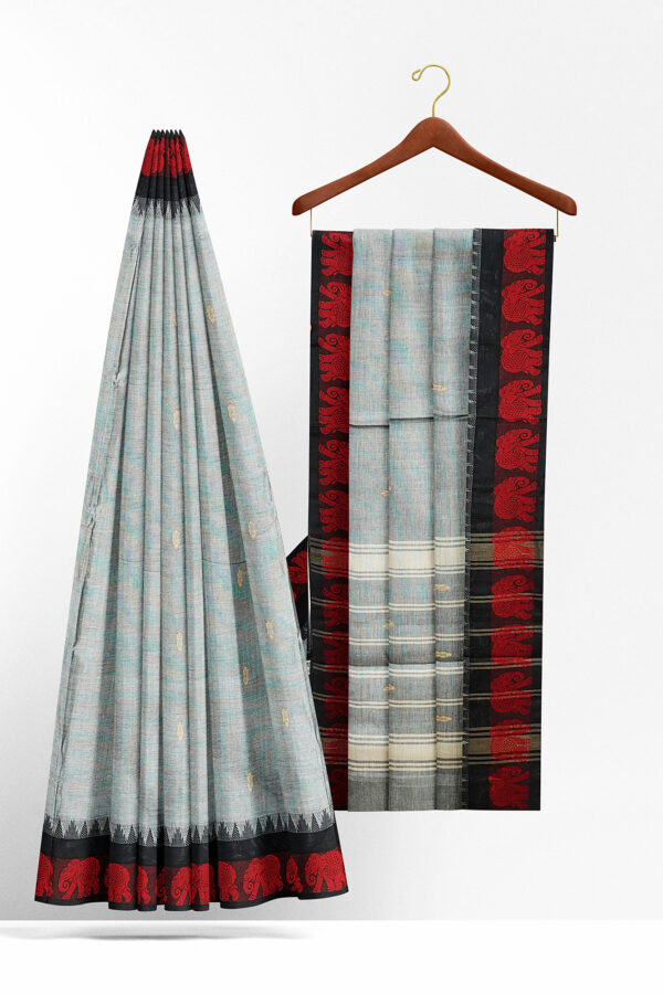 sri kumaran stores chettinad cotton grey saree with red border 2