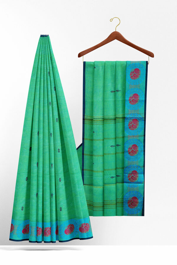 sri kumaran stores chettinad cotton light green saree with sky blue border 2