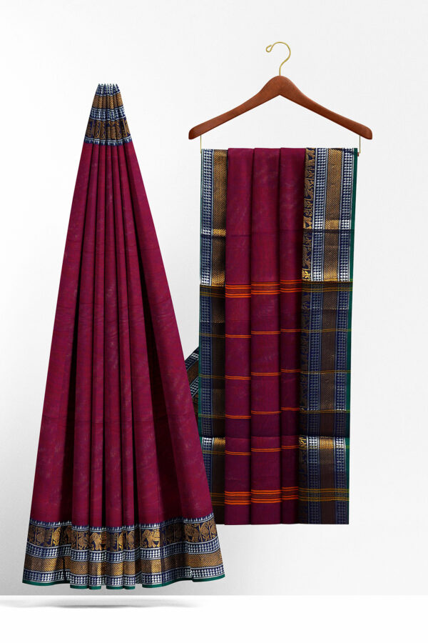 sri kumaran stores chettinad cotton maroon saree with golden silver border 2