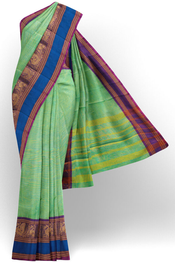 sri kumaran stores chettinad cotton mint green saree with blue golden border 1