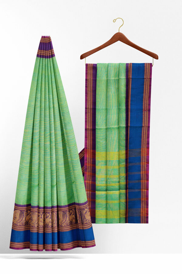 sri kumaran stores chettinad cotton mint green saree with blue golden border 2