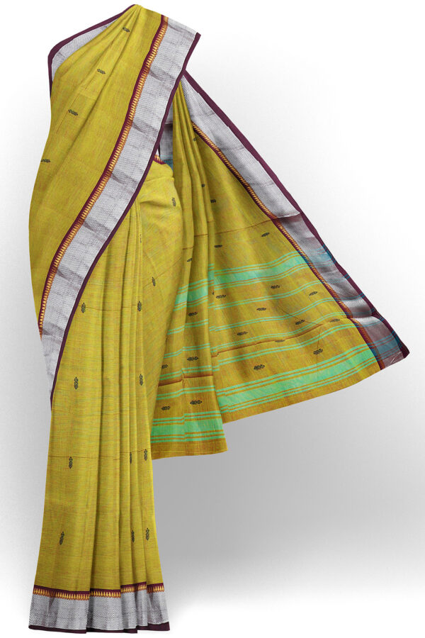 sri kumaran stores chettinad cotton mustard yellow saree with silver border 1