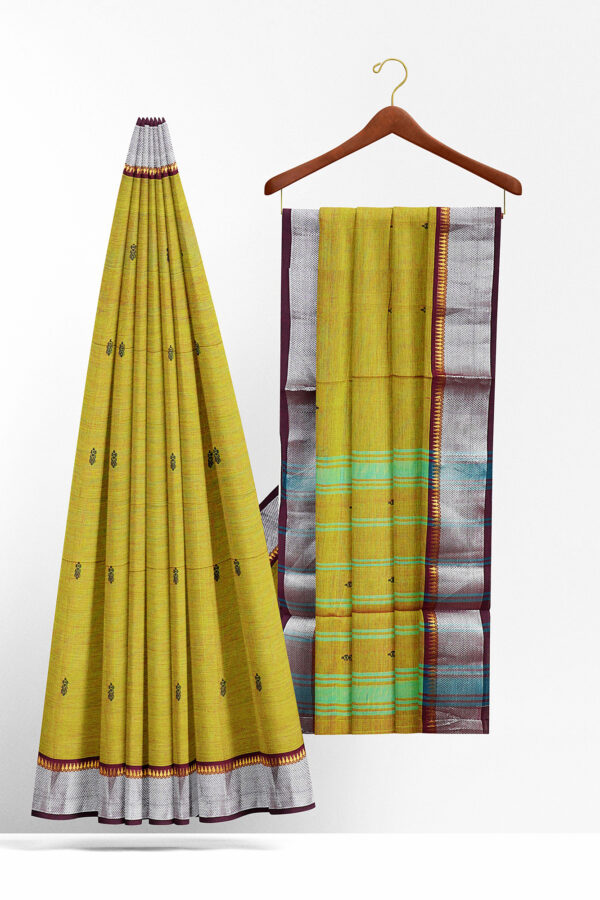 sri kumaran stores chettinad cotton mustard yellow saree with silver border 2