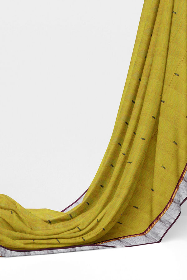 sri kumaran stores chettinad cotton mustard yellow saree with silver border 3