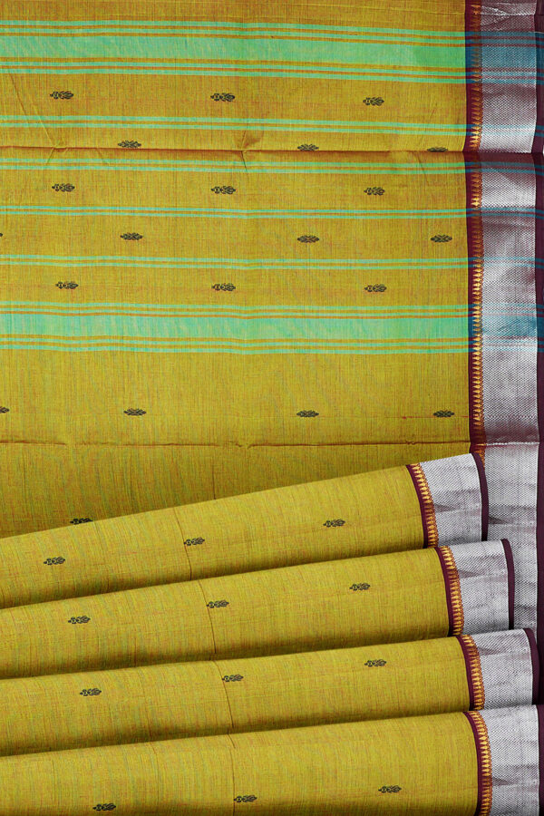 sri kumaran stores chettinad cotton mustard yellow saree with silver border 4