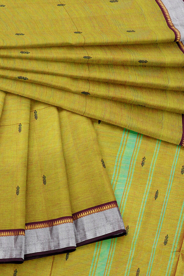 sri kumaran stores chettinad cotton mustard yellow saree with silver border 5