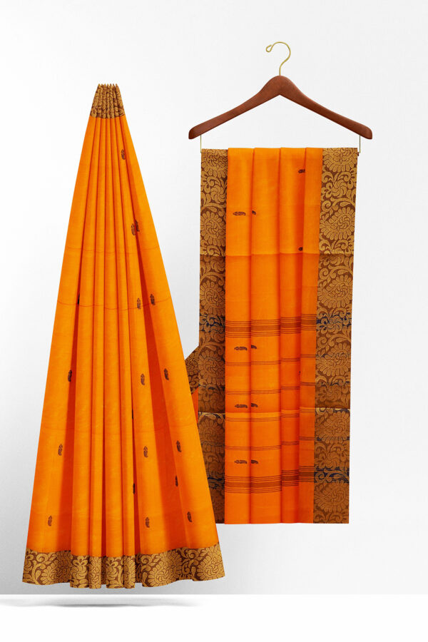 sri kumaran stores chettinad cotton orange saree with golden brown border 2