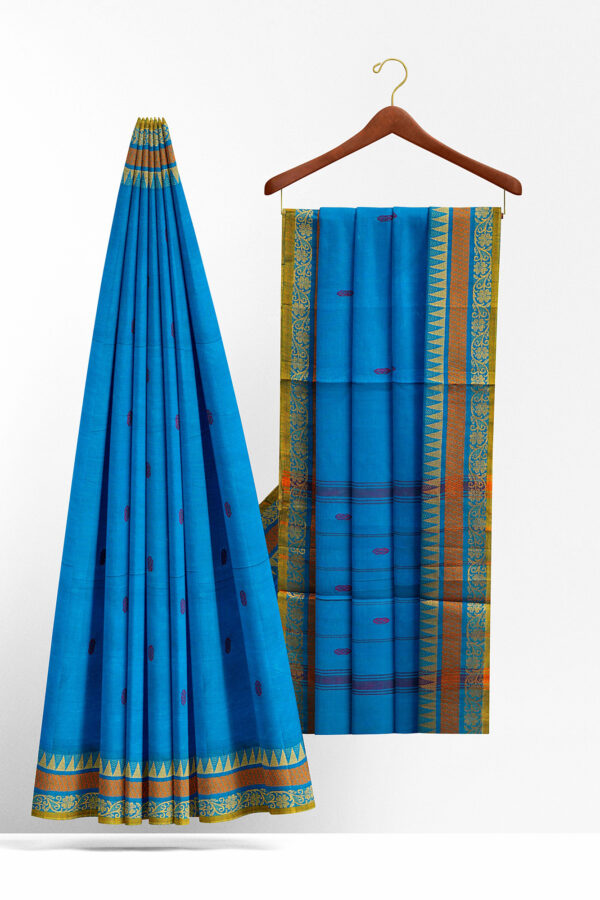 sri kumaran stores chettinad cotton sky blue saree with golden orange border 2
