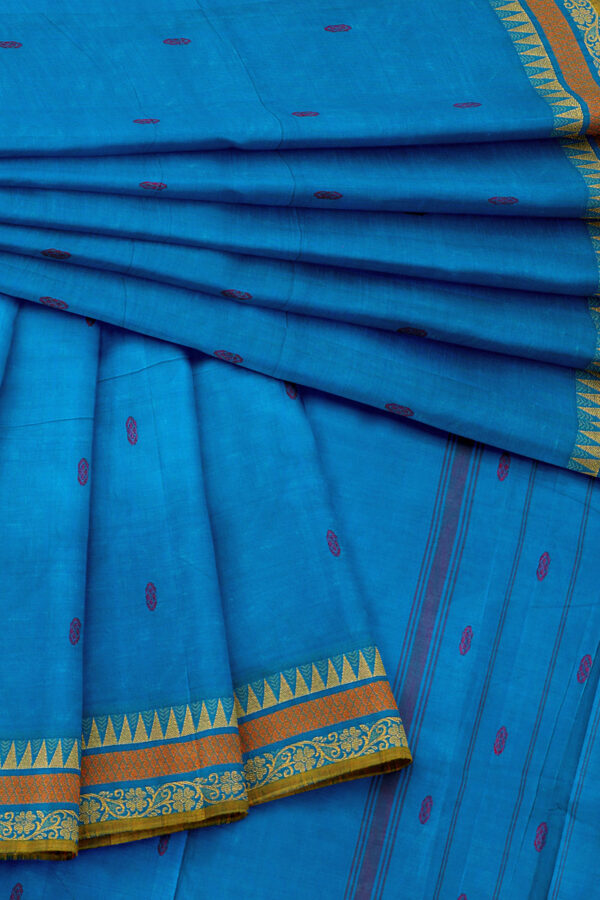 sri kumaran stores chettinad cotton sky blue saree with golden orange border 5