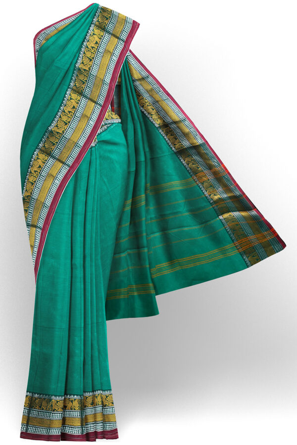 sri kumaran stores chettinad cotton turquoise blue saree with golden silver border 1