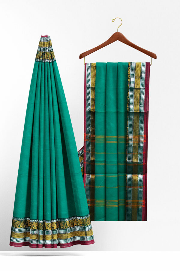 sri kumaran stores chettinad cotton turquoise blue saree with golden silver border 2