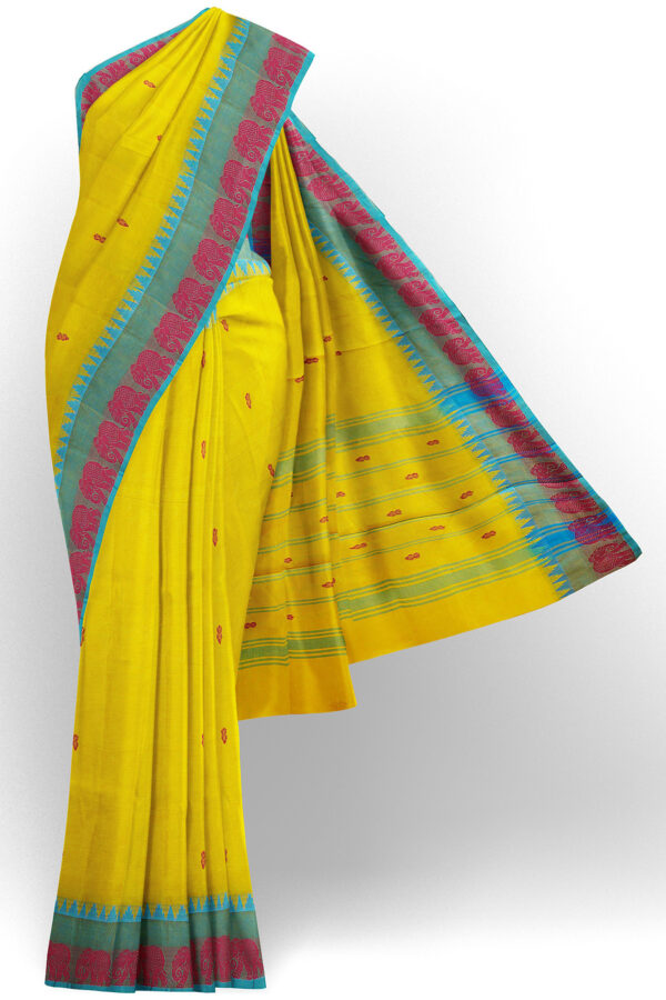 sri kumaran stores chettinad cotton yellow saree with sky blue maroon border 1
