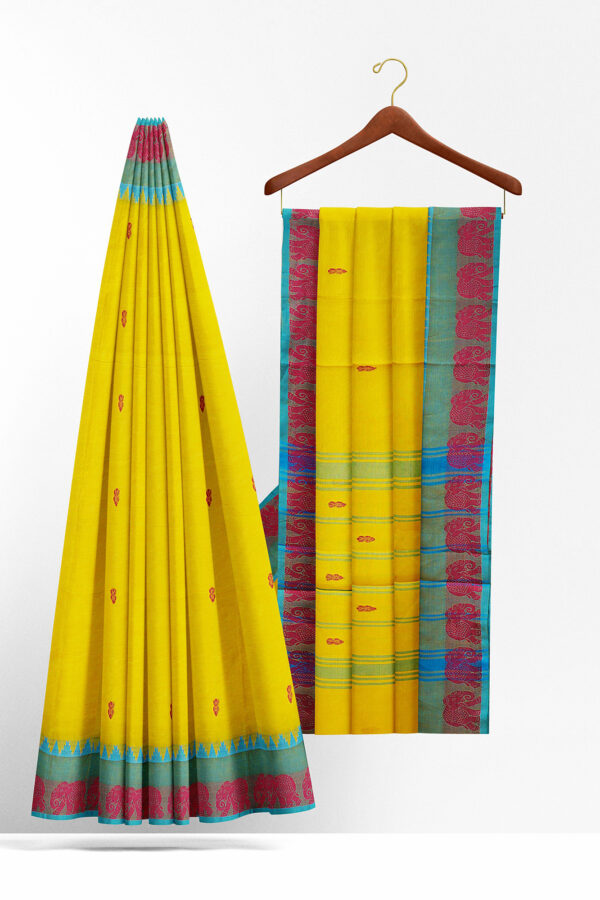 sri kumaran stores chettinad cotton yellow saree with sky blue maroon border 2