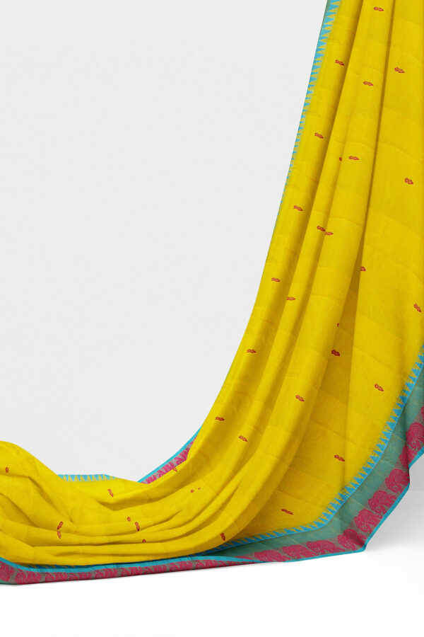 sri kumaran stores chettinad cotton yellow saree with sky blue maroon border 3