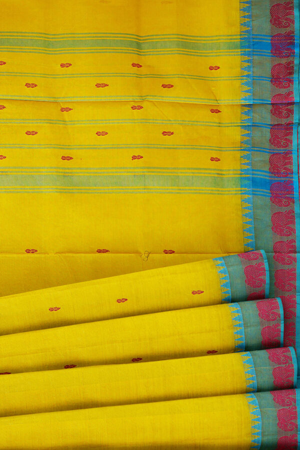 sri kumaran stores chettinad cotton yellow saree with sky blue maroon border 4